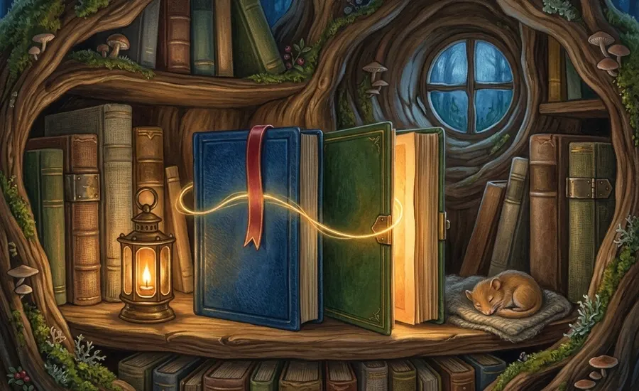 Ett lysande bokmärke som leder från en bok till nästa i en trädbibliotekshylla