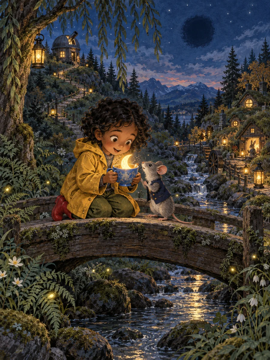 Maya och Pip hittar en liten lysande månskära i en blå tekopp på en bro i skogen.